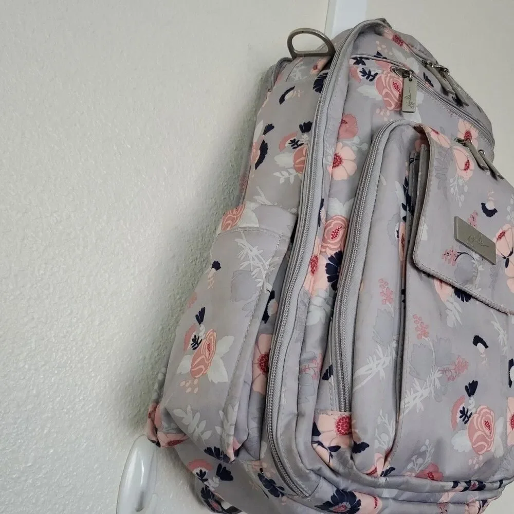 JuJuBe Be Right Back Multi-Function Diaper Backpack Floral Gray Multi Zip Pocket